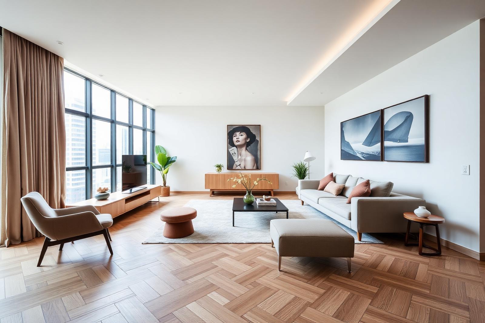 Herringbone oak flooring in a modern Singapore condo living room