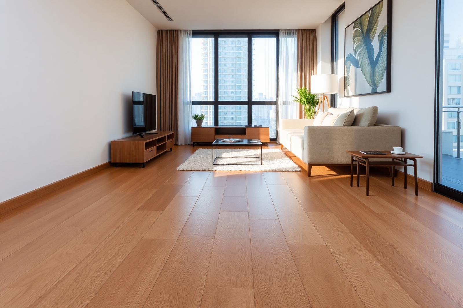 Warm oak laminate flooring in a Singapore condo living space