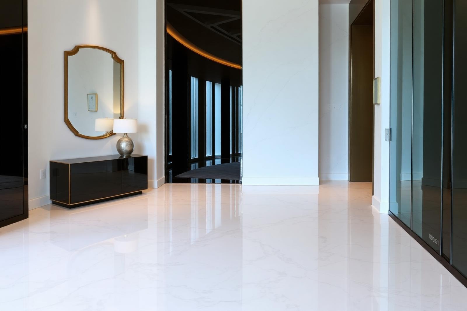 Polished white marble floor tiles in a Singapore condo foyer