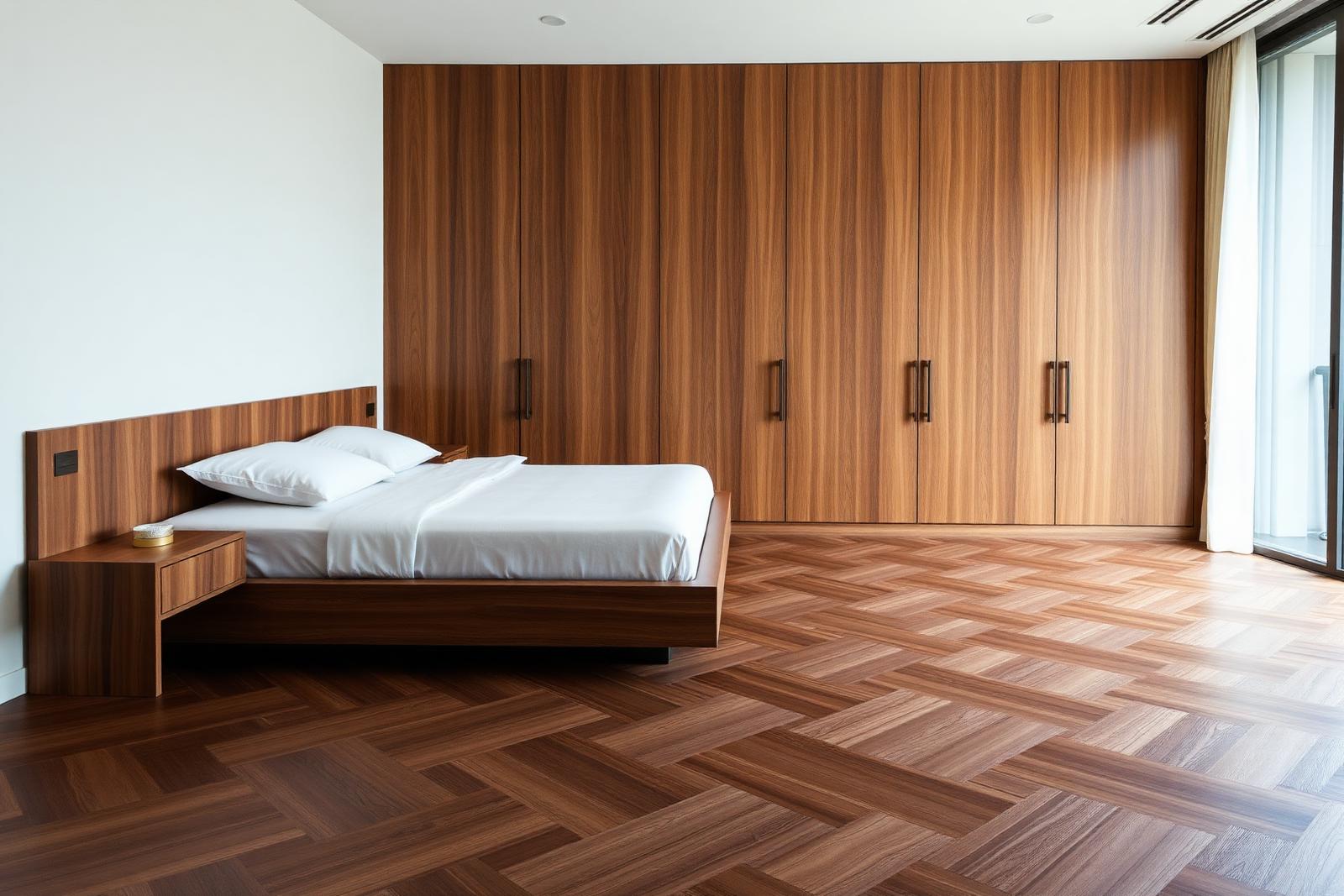 Warm walnut parquet wood flooring in a master bedroom