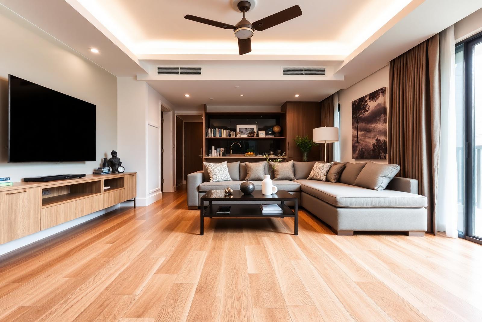 Singapore HDB living room with newly laid wood-look vinyl flooring
