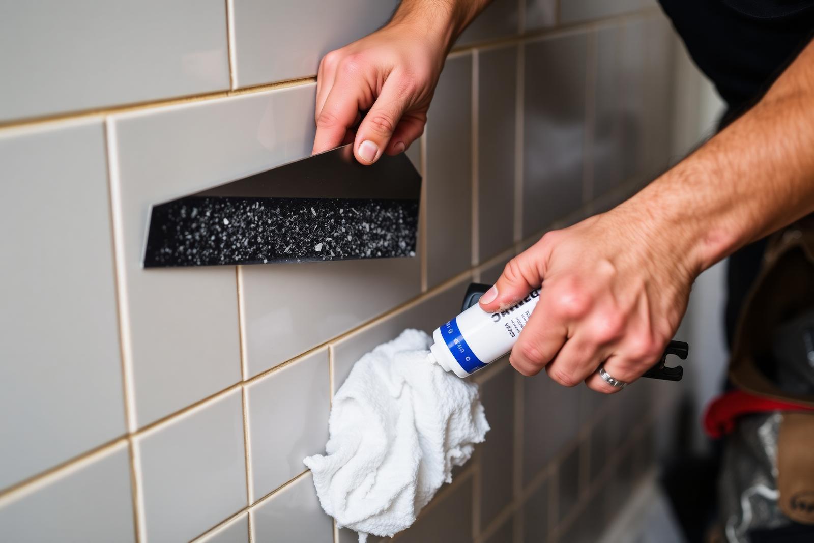 Tiler applying wall tiles with adhesive — bathroom renovation