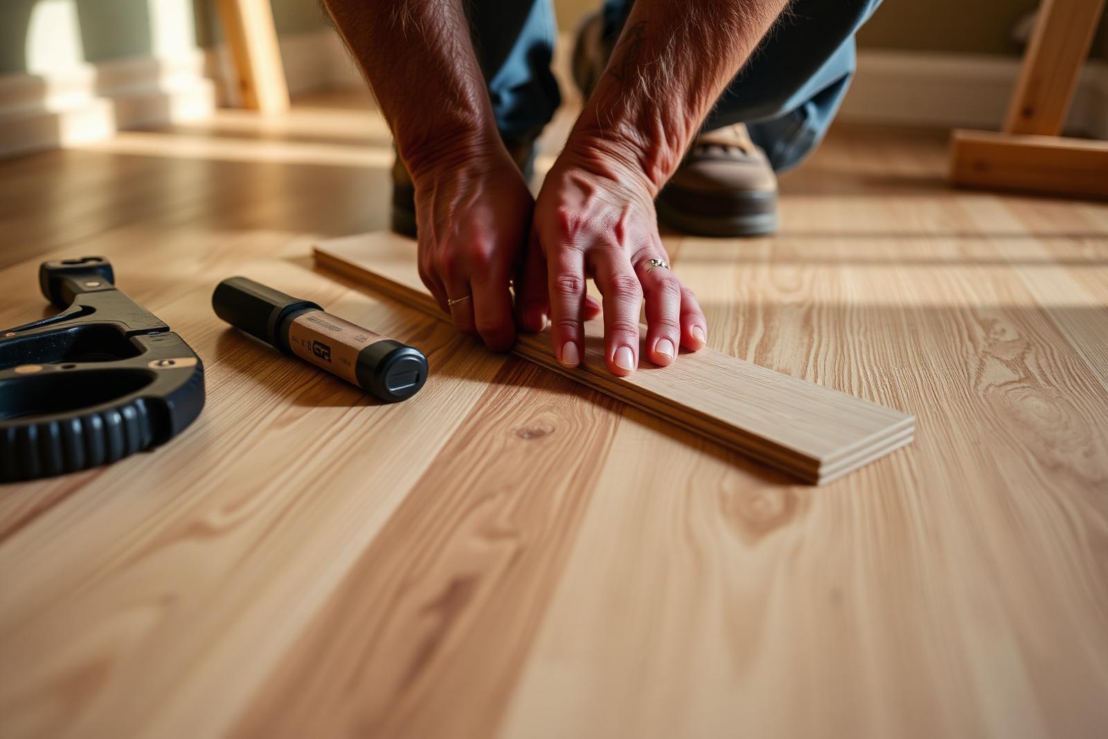 Craftsman laying vinyl plank flooring — installation in progress