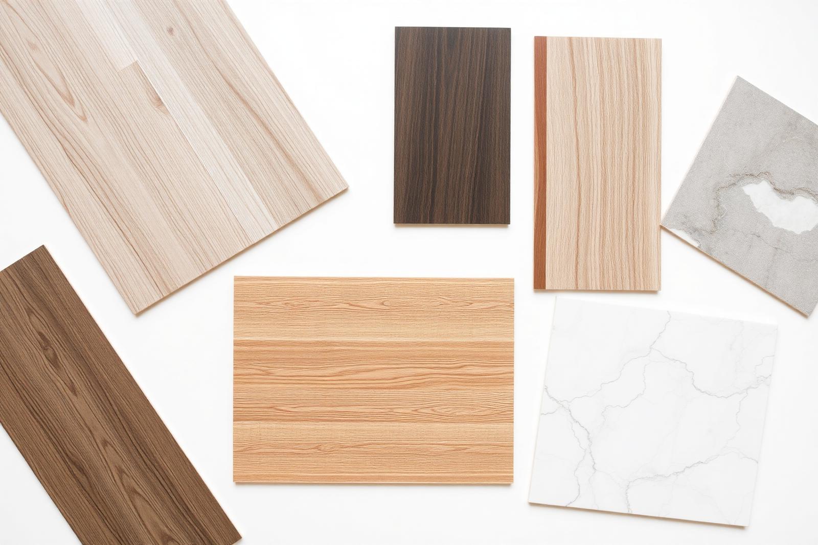 Flooring material samples — vinyl planks, laminate, wood and stone