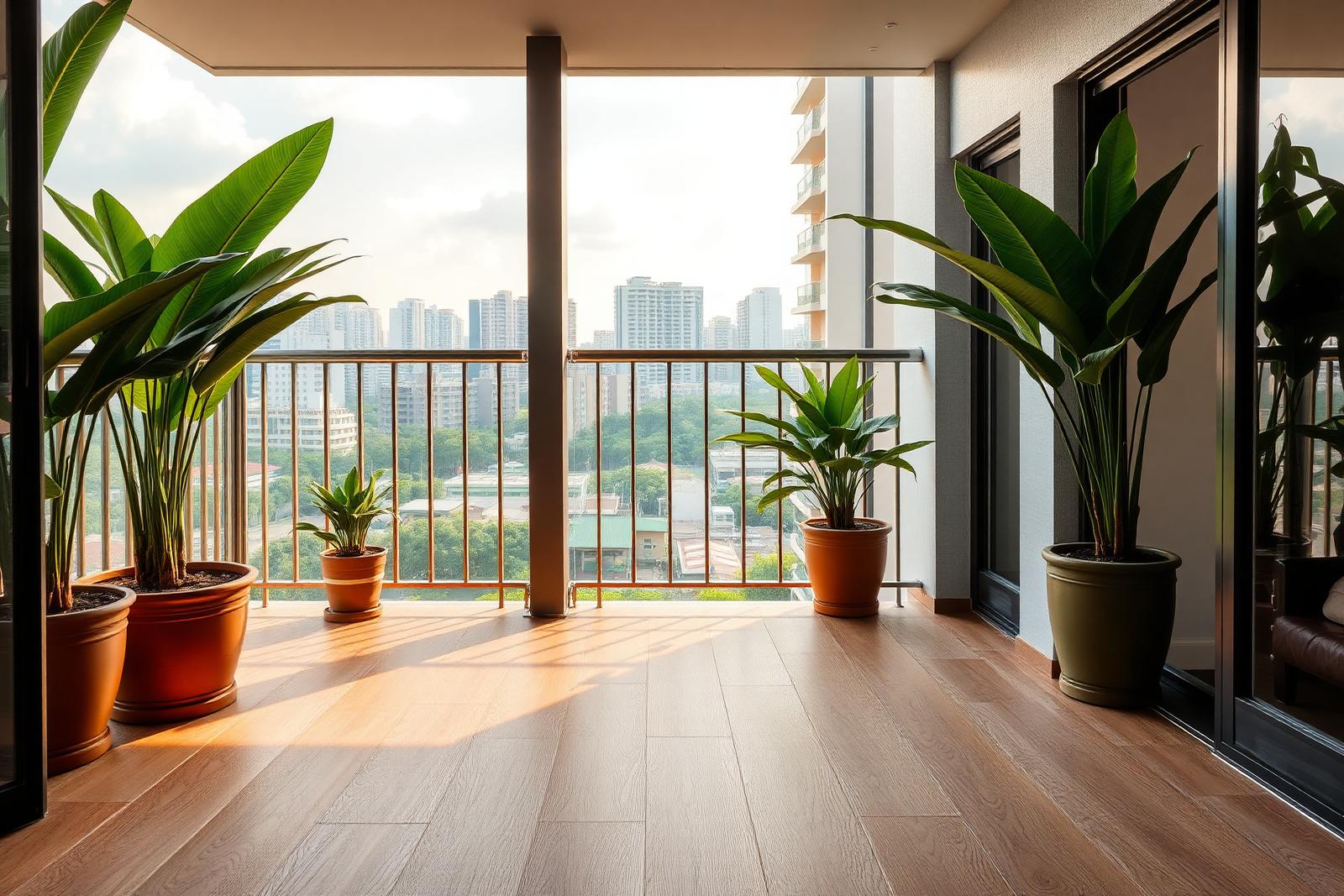 Wood-look porcelain tiles on a Singapore HDB balcony with city view