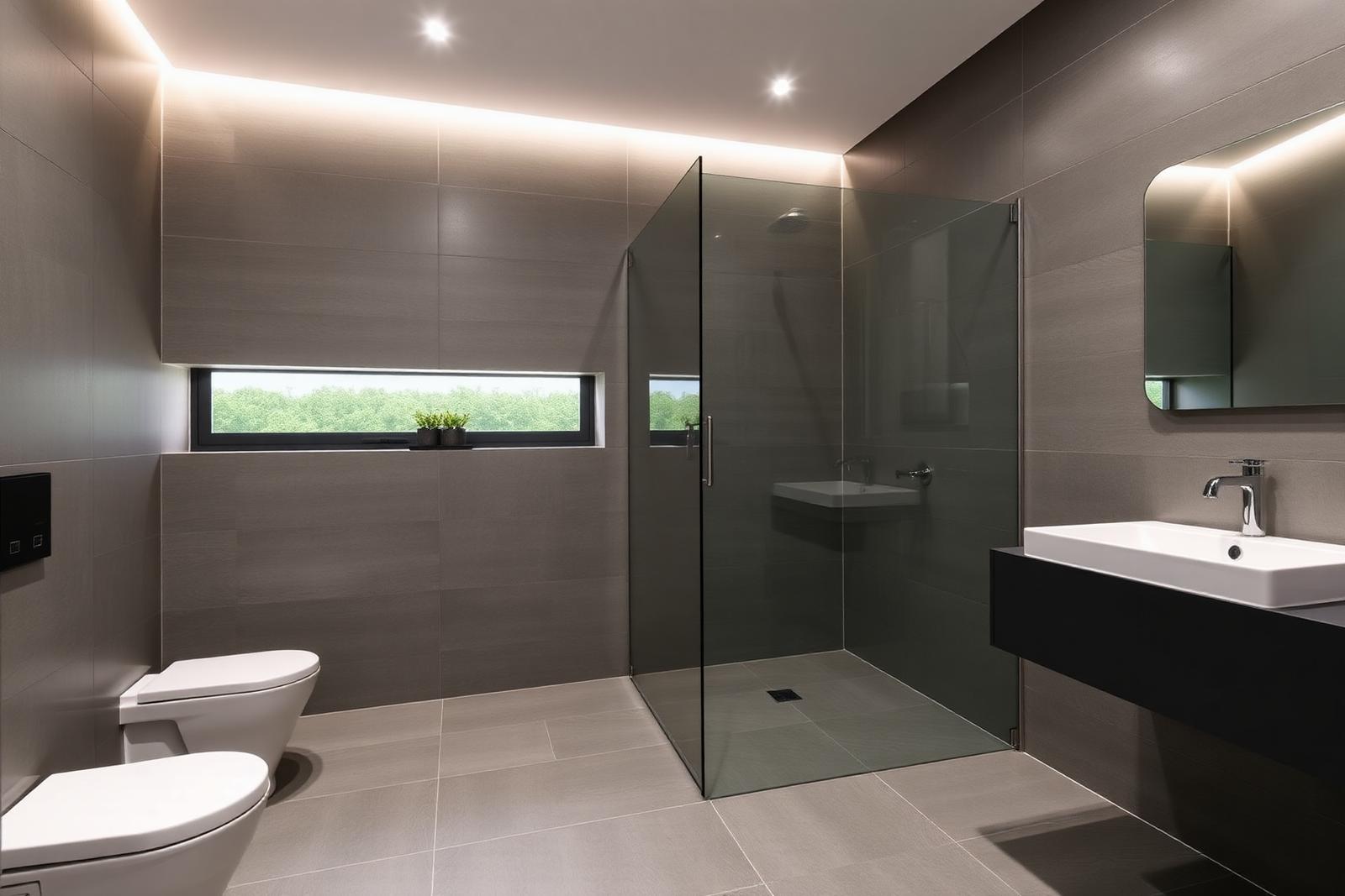 Large-format porcelain floor and wall tiles in a modern Singapore bathroom