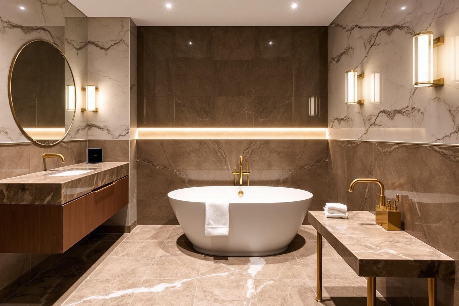 Luxury en-suite bathroom with book-matched marble slab tiling