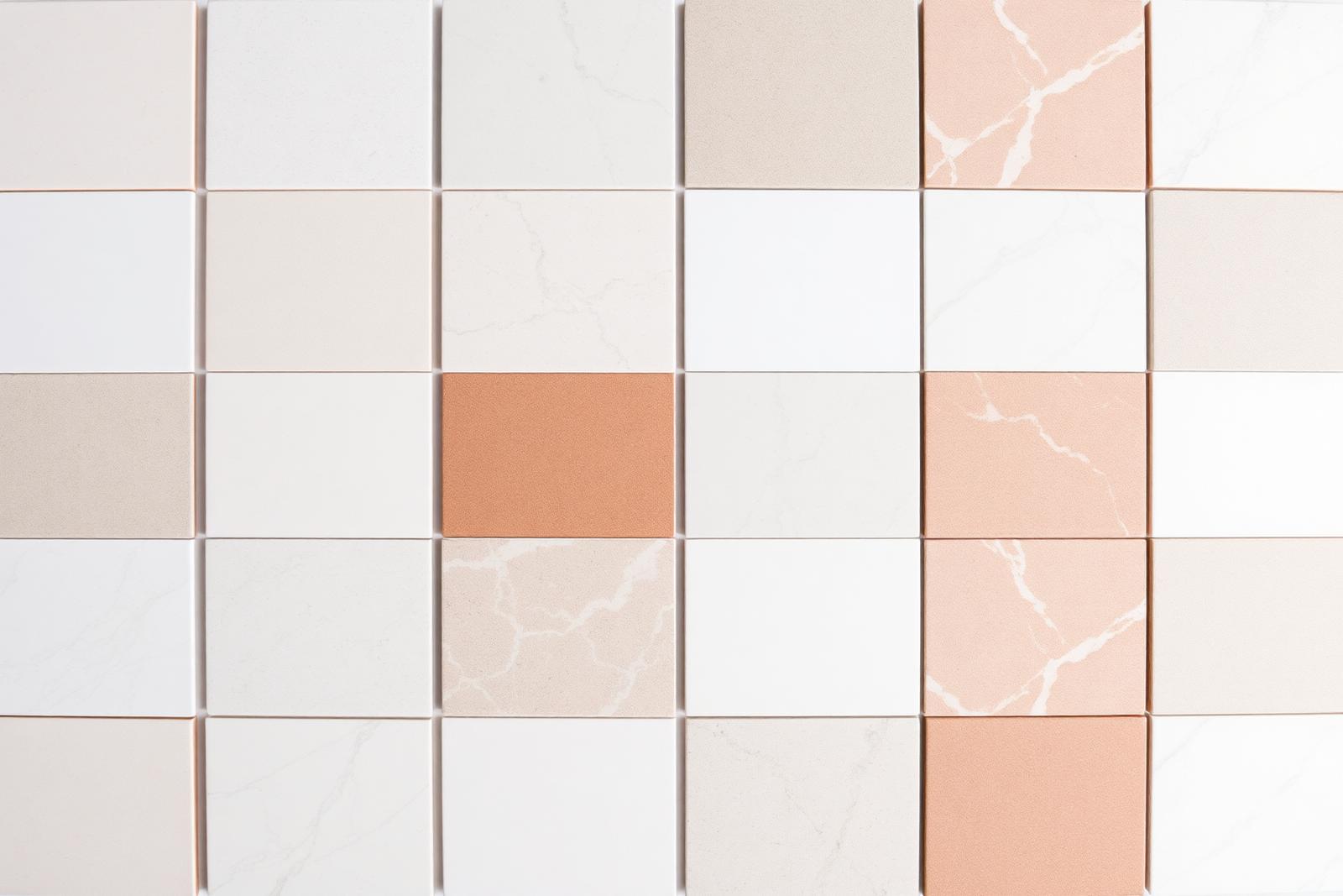 Grid of porcelain and ceramic tile swatches in neutral tones